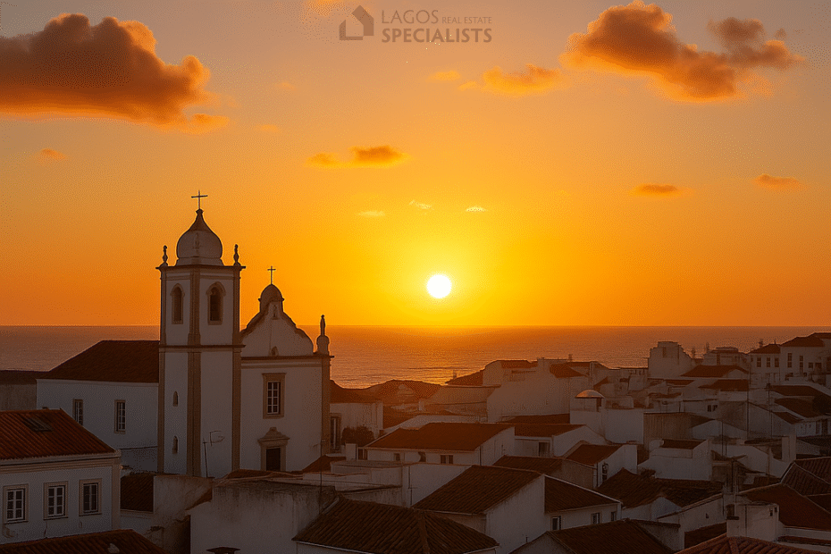 Sunset view from the rooftop in Lagos, Portugal, overlooking the town’s historic rooftops and coastline.