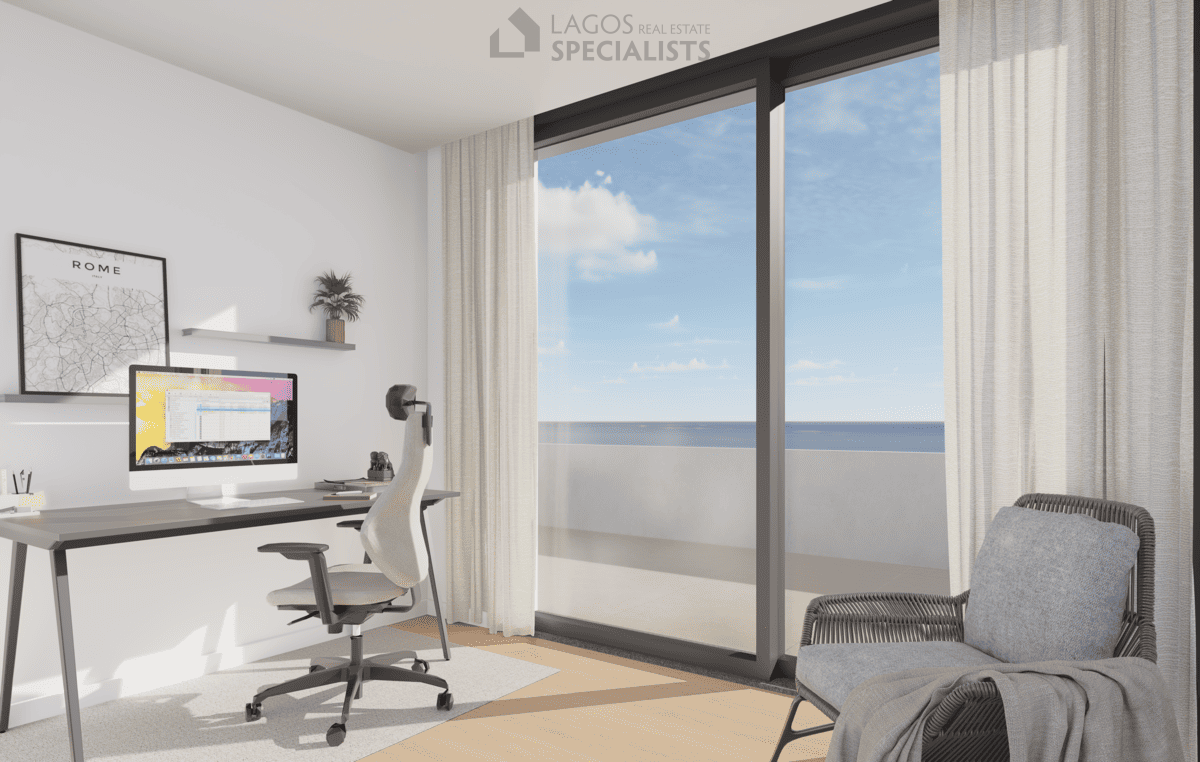 bright bedroom with desk and terrace access in 1-bedroom new build apartment Lagos