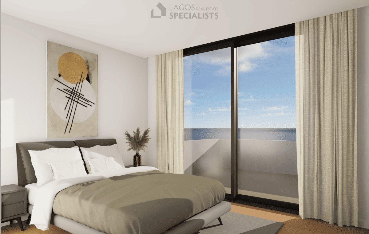 stylish bedroom with terrace doors in modern 1-bedroom apartment Lagos