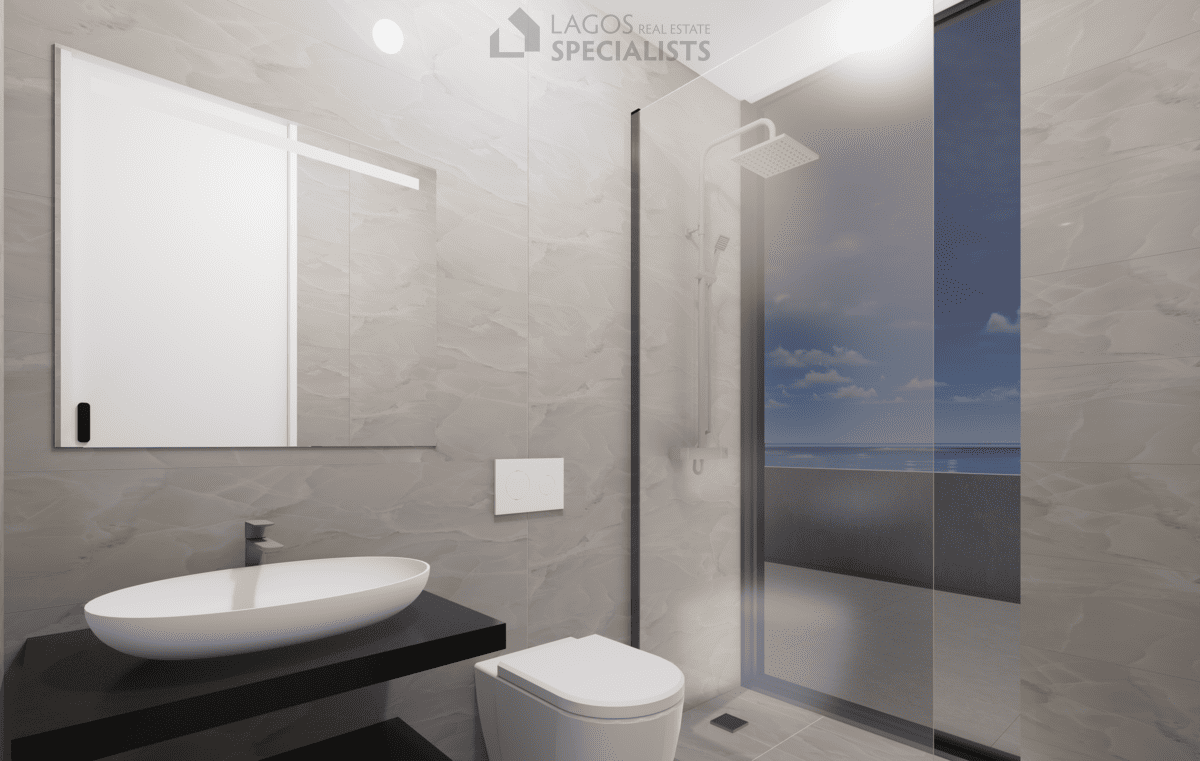 en-suite bathroom with walk-in shower in 2-bedroom Lagos new build apartment
