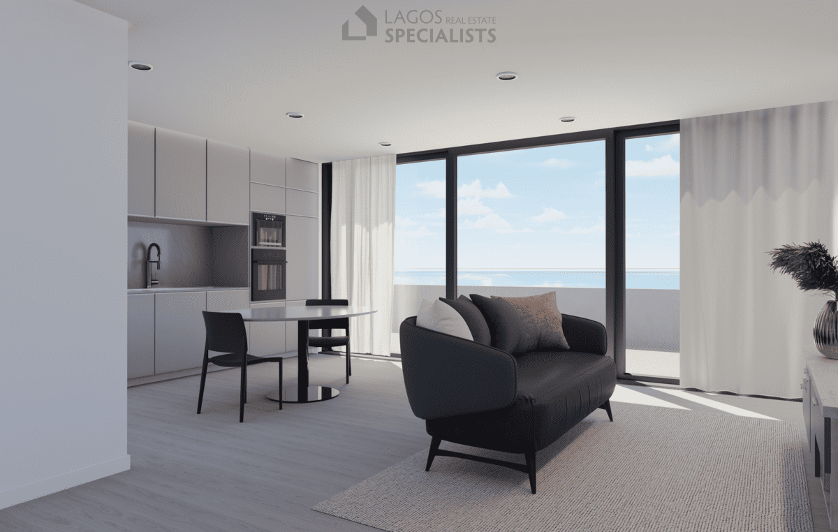 open-plan living and dining area in new build 1-bedroom Lagos apartment