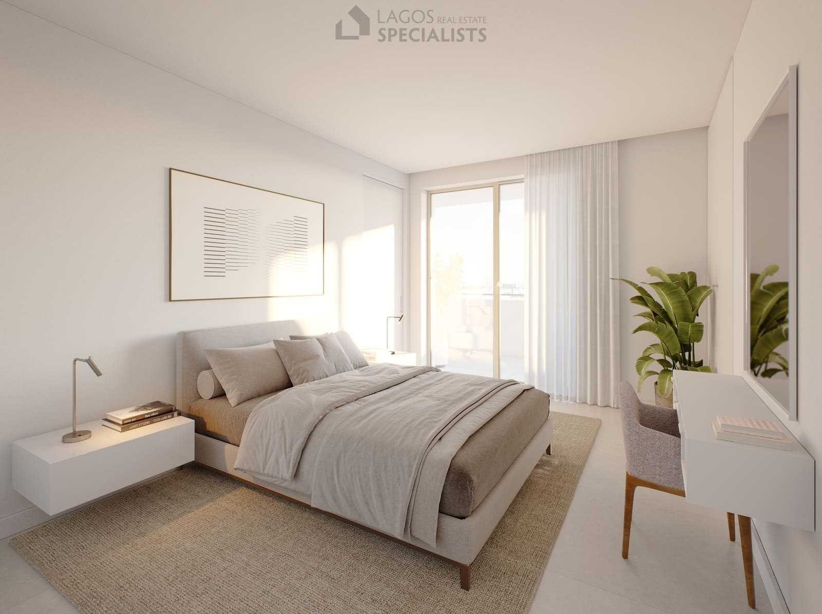 Calm and elegant master bedroom with terrace access, soft lighting, and minimalist decor in Domus apartments Lagos.