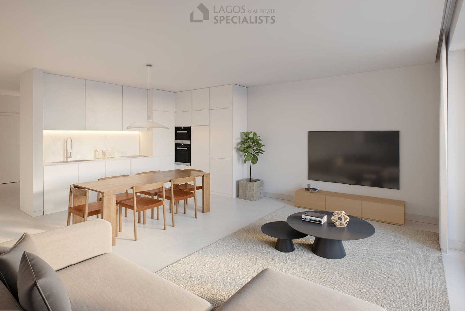 Spacious kitchen and dining area with natural light, clean lines, and open-plan design in a new Domus apartment in Lagos.