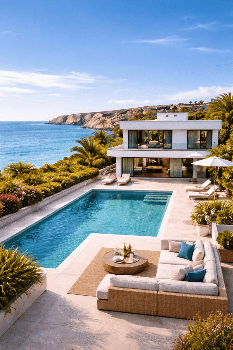 Luxury Real Estate in Lagos - Modern luxury villa and new-build apartments near Porto de Mós Beach in Lagos, Portugal, featuring minimalist architecture, solar panels, a private pool, and sunset lighting that reflects refined, sustainable Algarve living.