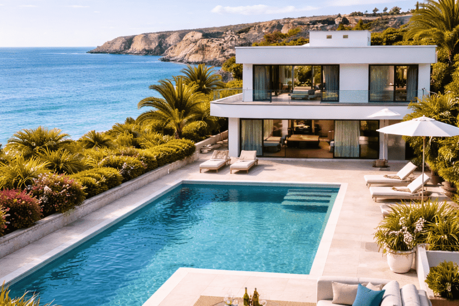 Luxury Real Estate in Lagos - Modern luxury villa and new-build apartments near Porto de Mós Beach in Lagos, Portugal, featuring minimalist architecture, solar panels, a private pool, and sunset lighting that reflects refined, sustainable Algarve living.