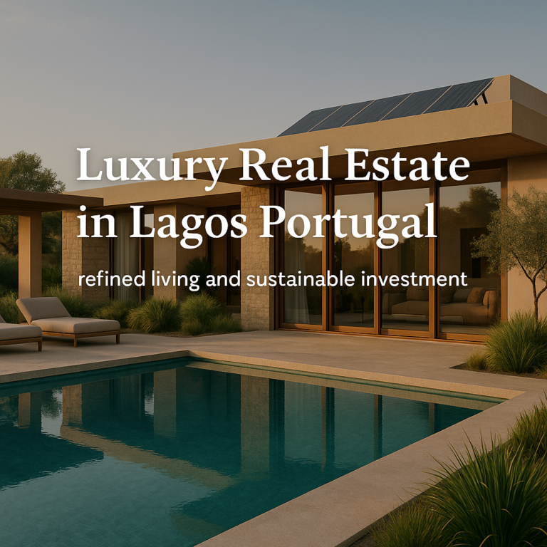 Luxury Real Estate in Lagos - Modern luxury villa and new-build apartments near Porto de Mós Beach in Lagos, Portugal, featuring minimalist architecture, solar panels, a private pool, and sunset lighting that reflects refined, sustainable Algarve living.