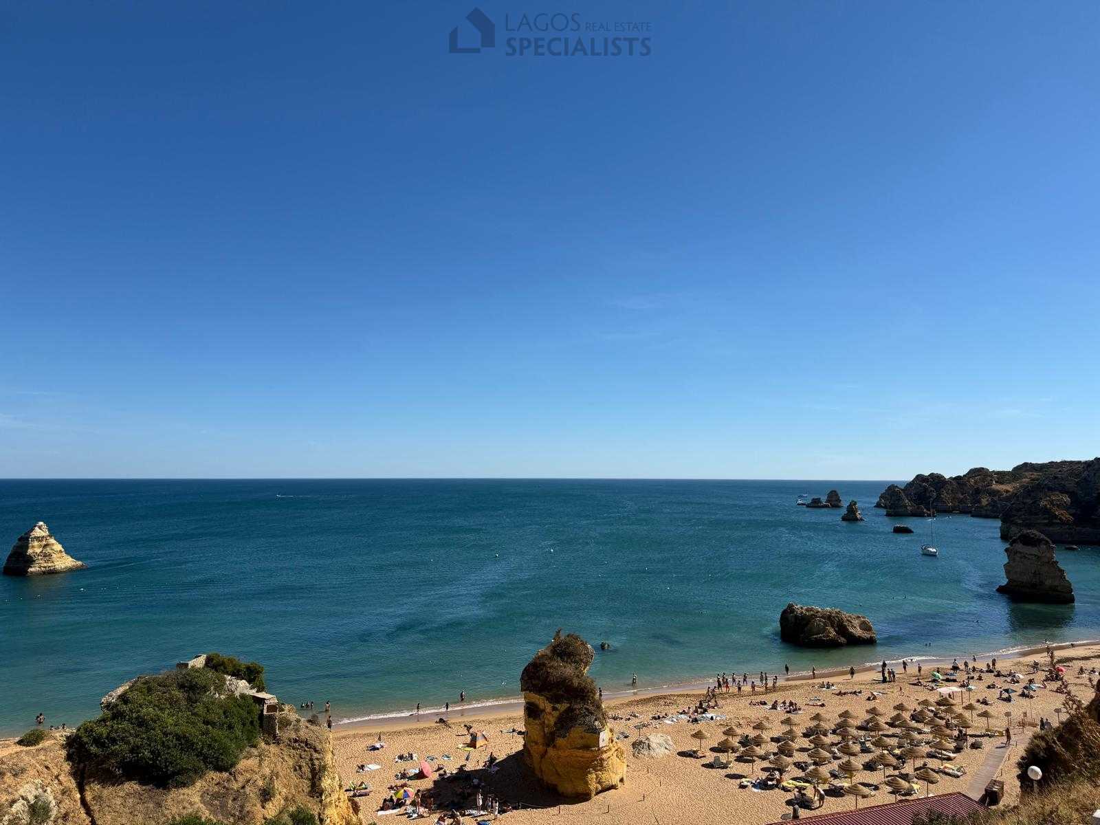 Aerial view of Praia Dona Ana beach in Lagos with calm blue sea, rock formations, and sun umbrellas