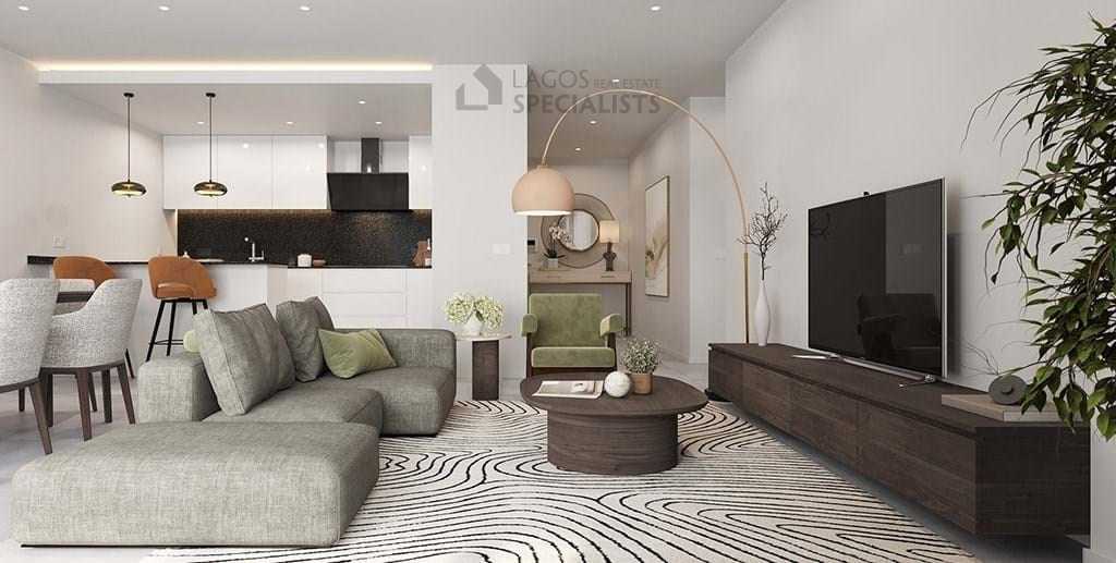 Cozy open living room with TV, sofa and dinner table