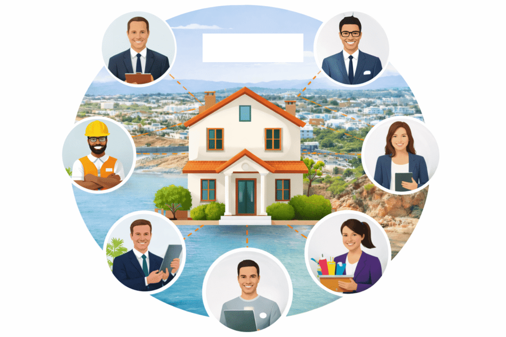 Illustration of a home in Lagos, Portugal surrounded by property professionals such as lawyers, mortgage advisors, builders, and property managers helping buyers through the purchase process