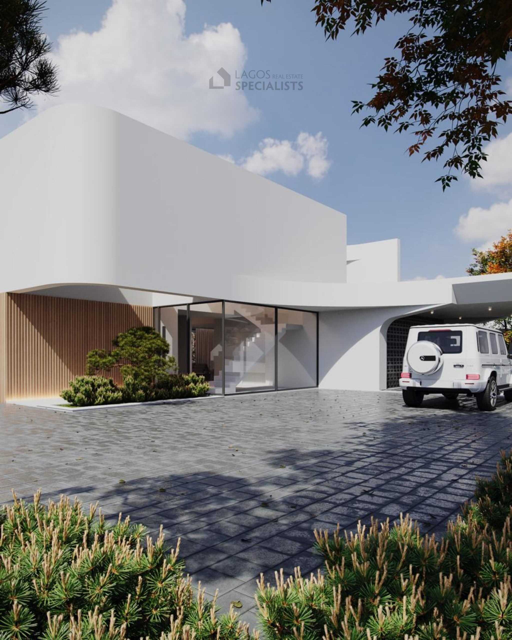Exterior render of building plot Praia da Luz showing contemporary villa entrance with timber detail and garage