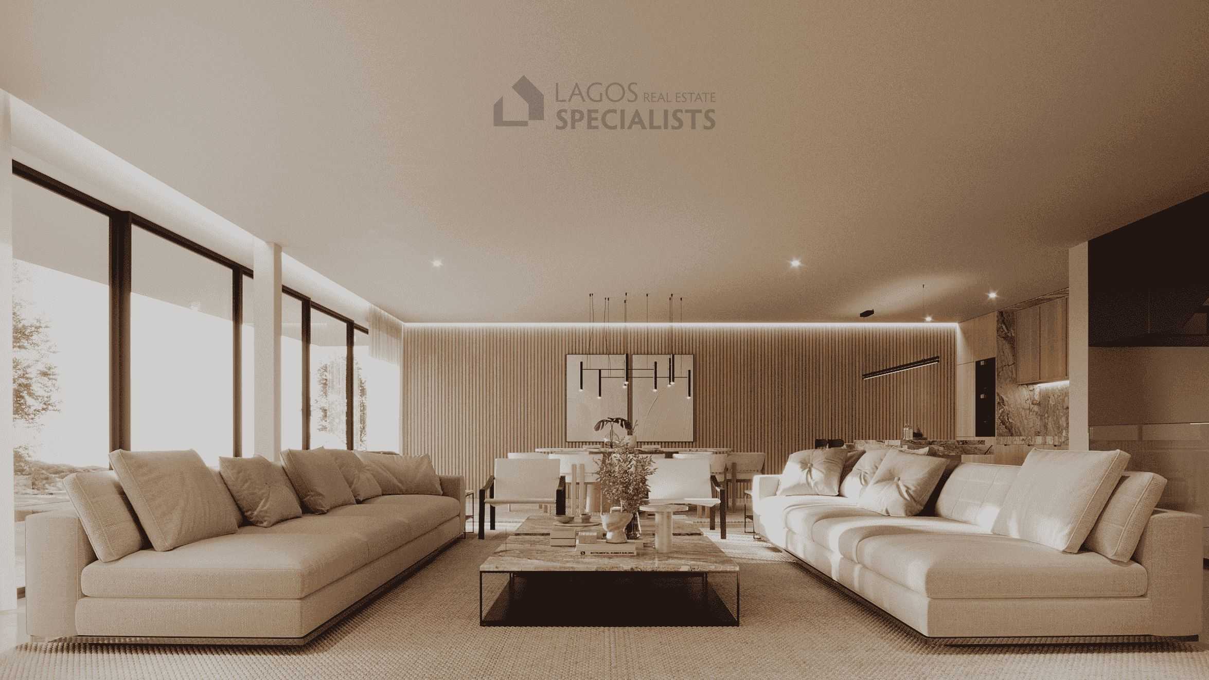 Interior render of building plot Praia da Luz showing open-plan living area with floor-to-ceiling windows and garden views